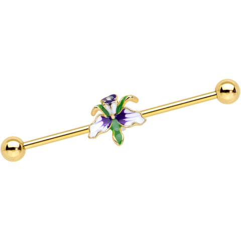 14G Clear Gem Gold Tone Iris Flower Industrial Barbell 38mm