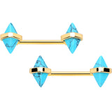 14G 9/16 Blue Turquoise Gold Tone Rhombus Barbell Nipple Ring Set