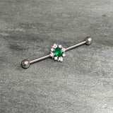 14G Clear Green Gem Ornate Art Deco Industrial Barbell 38mm
