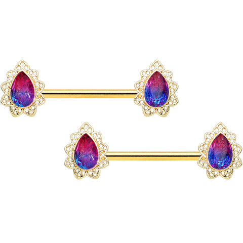14G 9/16 Purple Tourmaline Gold Tone Drop Barbell Nipple Ring Set