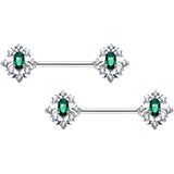 14G 9/16 Clear Green Gem Ornate Art Deco Barbell Nipple Ring Set