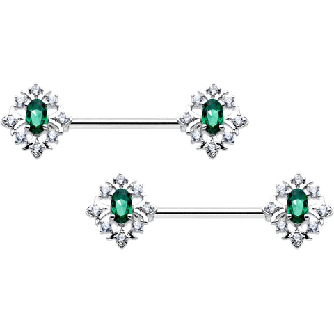 14G 9/16 Clear Green Gem Ornate Art Deco Barbell Nipple Ring Set