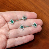 14G 9/16 Clear Green Gem Ornate Art Deco Barbell Nipple Ring Set