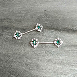14G 9/16 Clear Green Gem Ornate Art Deco Barbell Nipple Ring Set
