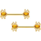 14G 9/16 Yellow Gem Gold Hue Duet Scroll Barbell Nipple Ring Set
