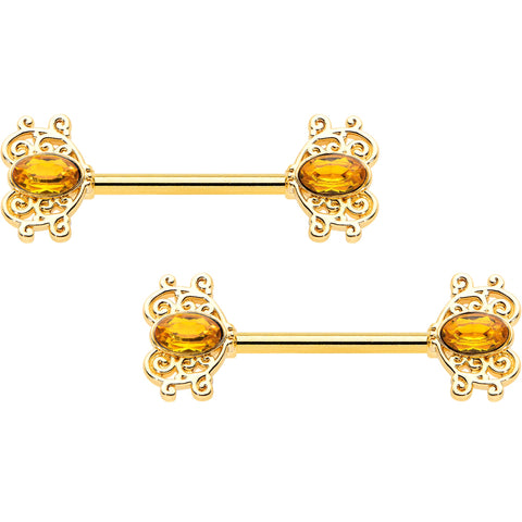 14G 9/16 Yellow Gem Gold Hue Duet Scroll Barbell Nipple Ring Set