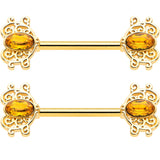 14G 9/16 Yellow Gem Gold Hue Duet Scroll Barbell Nipple Ring Set