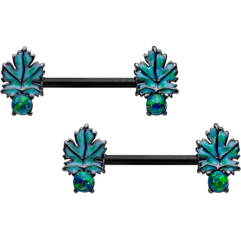 14G 1/2 Green Synthetic Opal Black Fall Leaf Nipple Ring Set