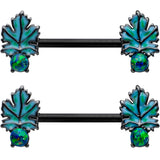 14G 1/2 Green Synthetic Opal Black Fall Leaf Nipple Ring Set