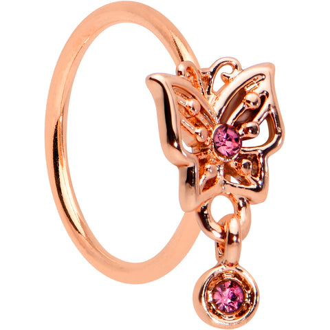 20G 5/16 Pink CZ Gem Rose Gold Tone Geometric Butterfly Nose Hoop