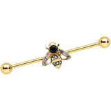 14G Clear Black Gem Gold Tone Angular Bee Industrial Barbell 38mm