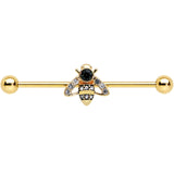 14G Clear Black Gem Gold Tone Angular Bee Industrial Barbell 38mm