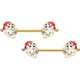 14G 9/16 Clear Gem Gold Hue Happy Santa Christmas Nipple Ring Set