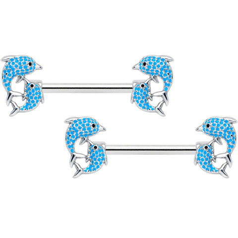 14G 9/16 Black Blue Gem Leaping Dolphin Barbell Nipple Ring Set