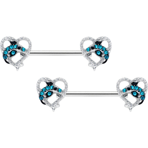 14G 9/16 Clear Blue Gem Dolphin Heart Barbell Nipple Ring Set