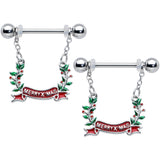 14G 9/16 Festive Merry Christmas Chain Dangle Nipple Ring Set