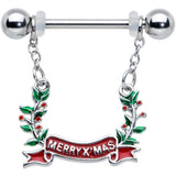 14G 9/16 Festive Merry Christmas Chain Dangle Nipple Ring Set