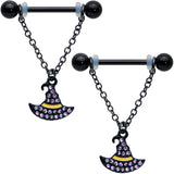 14G 9/16 Clear Gem Black Witch Hat Chain Dangle Nipple Ring Set