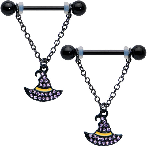 14G 9/16 Clear Gem Black Witch Hat Chain Dangle Nipple Ring Set