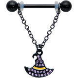 14G 9/16 Clear Gem Black Witch Hat Chain Dangle Nipple Ring Set