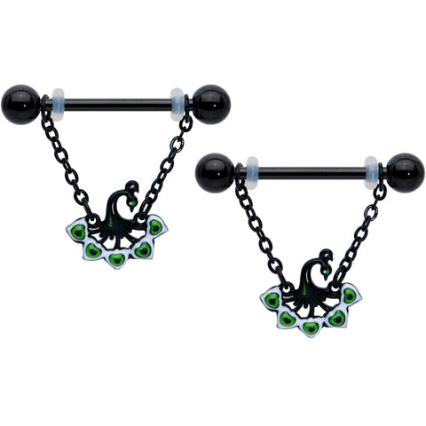 14G 11/16 Black Green Peacock Dangle Barbell Nipple Ring Set