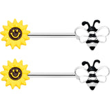 14G 9/16 Bee Smiley Sunflower Barbell Nipple Ring Set