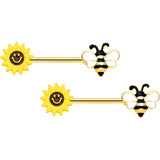 14G 9/16 Gold Tone Bee Smiley Sunflower Barbell Nipple Ring Set
