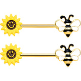 14G 9/16 Gold Tone Bee Smiley Sunflower Barbell Nipple Ring Set