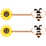 14G 9/16 Rose Gold Hue Bee Smiley Sunflower Nipple Ring Set