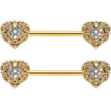 14G 9/16 Aurora Gem Gold Tone Baroque Heart Nipple Ring Set