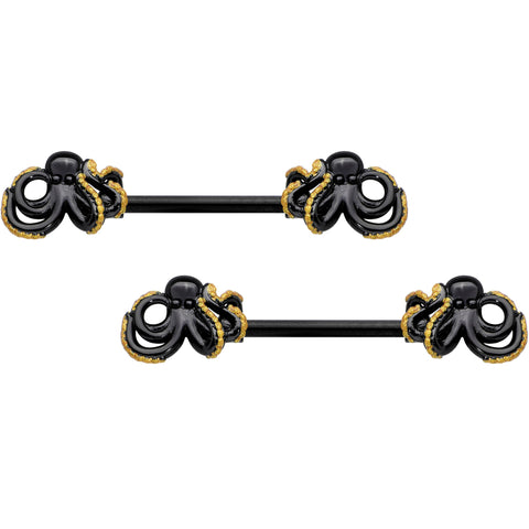 14G 9/16 Black Understated Octopus Barbell Nipple Ring Set