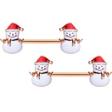 14G 9/16 Rose Gold Tone Smiling Snowman Christmas Nipple Ring Set