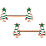 14G 9/16 Red Gem Rose Gold Tone Christmas Tree Nipple Ring Set