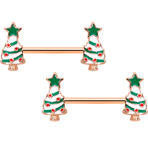 14G 9/16 Red Gem Rose Gold Tone Christmas Tree Nipple Ring Set