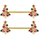 14G 9/16 Red Gem Gold Tone Christmas Tree Nipple Ring Set
