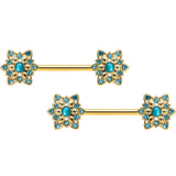 14G 9/16 Aqua Gem Gold Tone Snowflake Christmas Nipple Ring Set