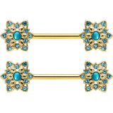 14G 9/16 Aqua Gem Gold Tone Snowflake Christmas Nipple Ring Set