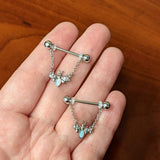 14G 9/16 White Synthetic Opal Chain Dangle Nipple Ring Set