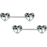 14G 9/16 Green Gem Heart Tree Valentine Nipple Ring Set