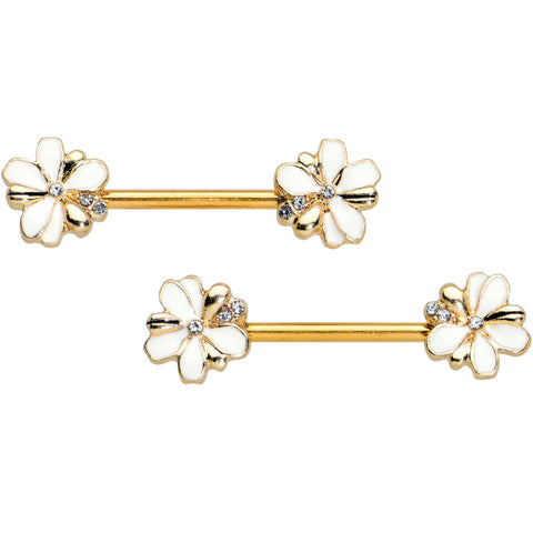 14G 9/16 Clear Gem Gold Tone Feeding Bee Barbell Nipple Ring Set
