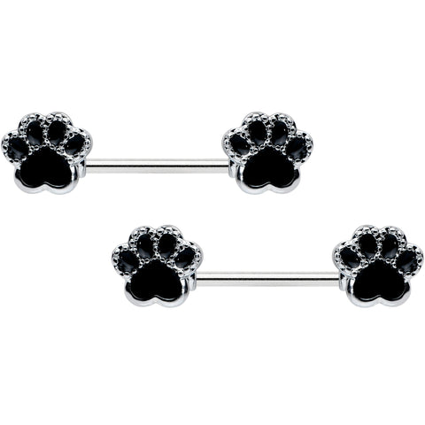 14G 9/16 Textured Black Paw Print Barbell Nipple Ring Set
