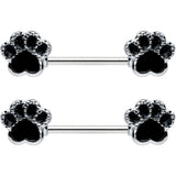 14G 9/16 Textured Black Paw Print Barbell Nipple Ring Set