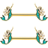 14G 9/16 Green Faux Opal Gold Tone Curvy Mermaid Nipple Ring Set