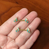 14G 9/16 Green Faux Opal Gold Tone Curvy Mermaid Nipple Ring Set