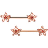 14G 9/16 Red Gem Rosy Hue Texture Snowflake Barbell Nipple Ring Set