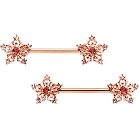 14G 9/16 Red Gem Rosy Hue Texture Snowflake Barbell Nipple Ring Set