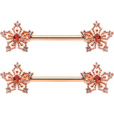 14G 9/16 Red Gem Rosy Hue Texture Snowflake Barbell Nipple Ring Set