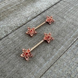 14G 9/16 Red Gem Rosy Hue Texture Snowflake Barbell Nipple Ring Set