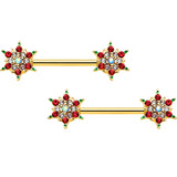14G 9/16 Red Gem Gold Hue Bright Christmas Barbell Nipple Ring Set