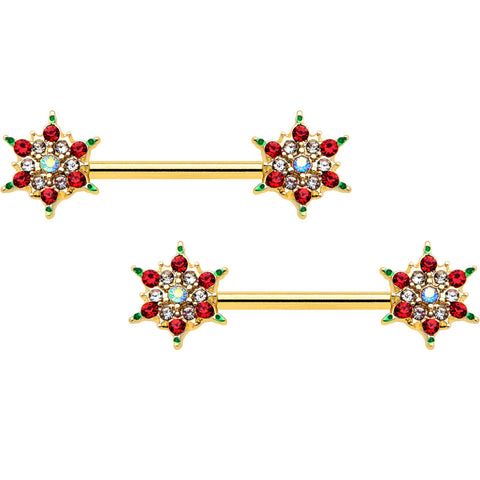 14G 9/16 Red Gem Gold Hue Bright Christmas Barbell Nipple Ring Set